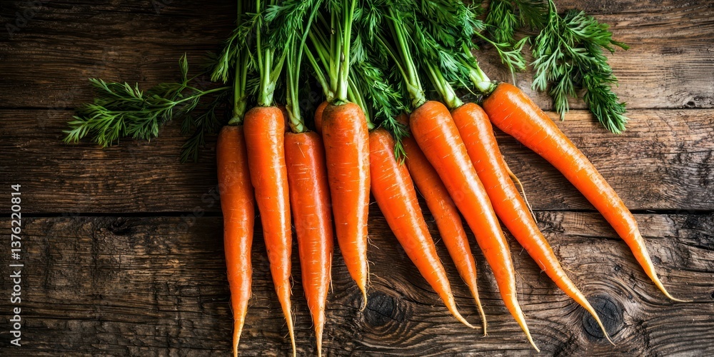 Poster vibrant carrots grouped together in a bunch on rustic table
