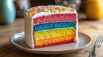 Vibrant rainbow layer cake cut open. 
