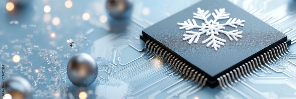 Poster cool technology chip - close-up of a microchip with a snowflake, suggesting efficient cooling techno