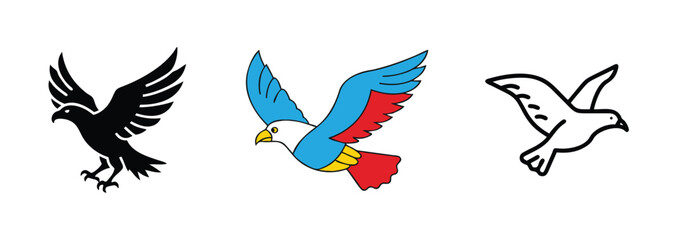 Three Birds in Flight Black, BlueRed, White Bird Illustrations