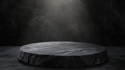 Round black stone podium with textured surface, ideal for product placement, set in a dramatic, dark setting illustration