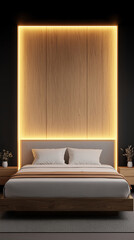 modern bedroom featuring floating bed with soft indirect lighting, complemented by wooden panels and minimalistic decor