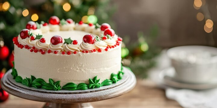 White cake with festive red and green trim 