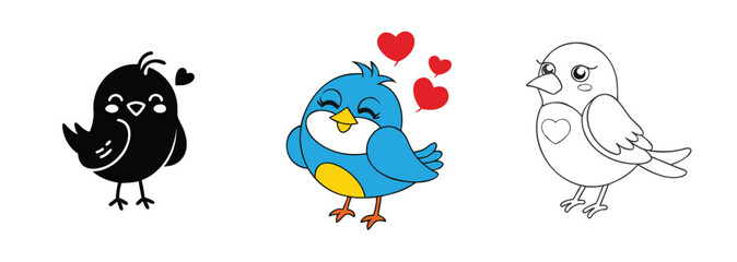 Obraz premium Cute Cartoon Birds Love, Silhouettes, Coloring Page