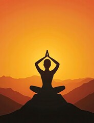Woman Doing Yoga Meditation on Mountain Peak at Golden Sunset