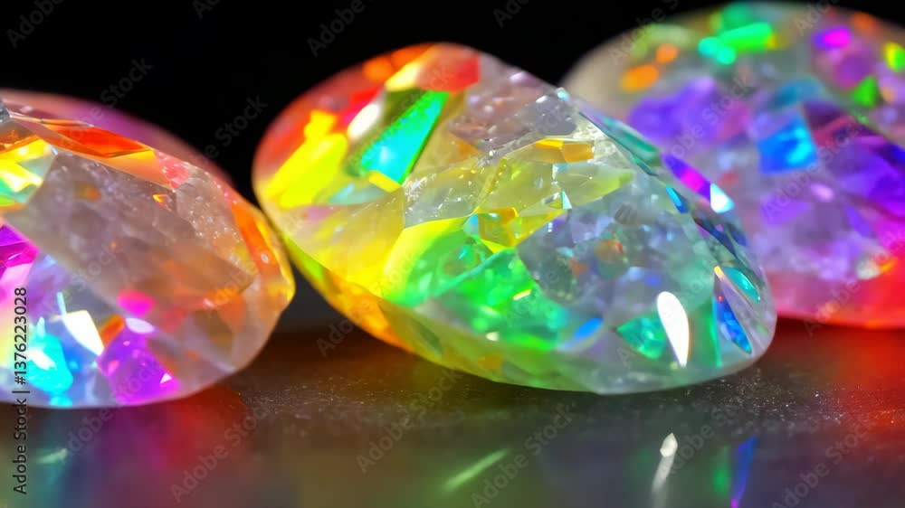 Poster a collection of colorful gems with rainbow colors. some of the gems are yellow, some are pink, and s
