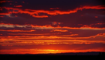Fiery Sunset A dramatic sunset scene with vivid orange and fiery red hues blending into a darkening sky, capturing the transition of day to night.