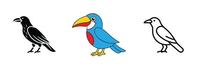 Colorful Bird Illustrations Crow, Toucan, and Pigeon Designs