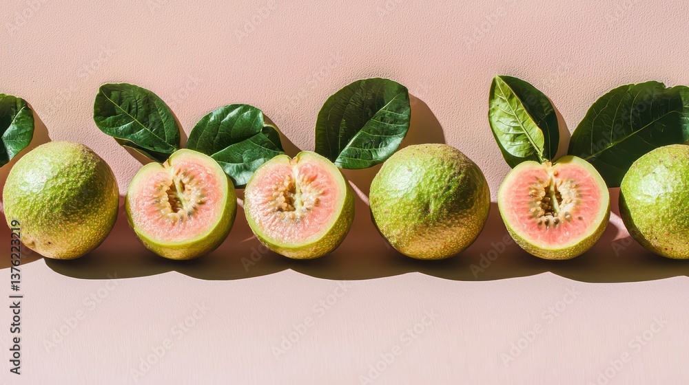 Poster Whole guavas placed in a row on a wide pastel backdrop, with shadows casting softly. 