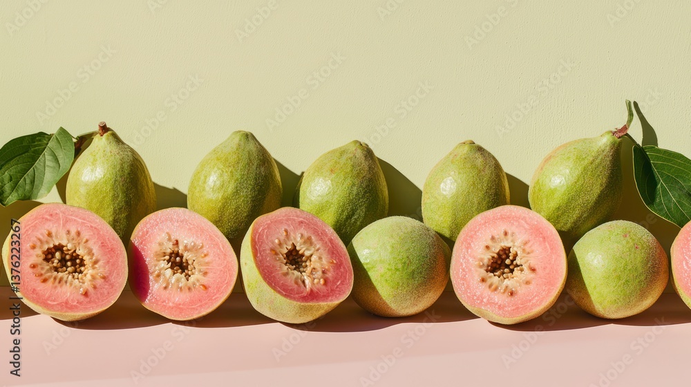 Poster Whole guavas placed in a row on a wide pastel backdrop, with shadows casting softly. 