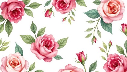 Delicate watercolor roses & leaves, repeating pattern, subtle, textile