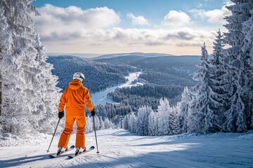 A skier in bright orange gear stands poised on a snowy slope. The panoramic view stretches far into the frosty landscape. Experience winter wonder. Generative AI
