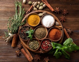 Various fragrant spices and herbs. On a wooden background.