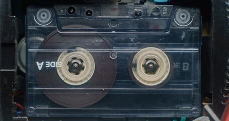 Retro Audio Cassette Tape Playing 90s Mixtapes Sound, Reels Spinning. Playback of Old Music...