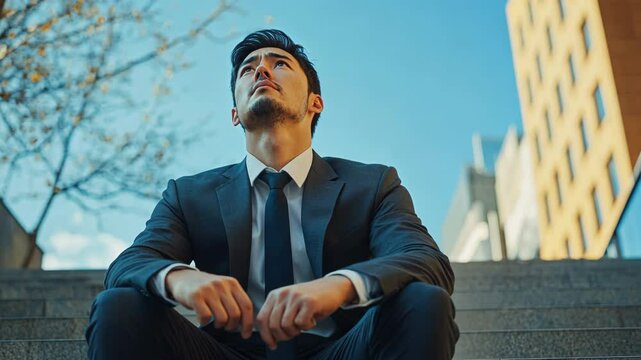 A depressed businessman sitting on stairs, afflicted by stress and overwork.