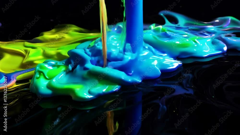 Poster a blue and green blob of paint is dripping from a tube. the paint is wet and has a shiny appearance