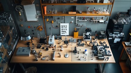 High-angle view of a well-organized laboratory workbench with various scientific equipment and tools.