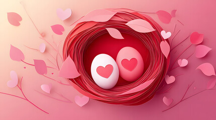 Lovebirds’ Nest A nest with two small eggs shaped like hearts, cute cartoon paper cut, pink background