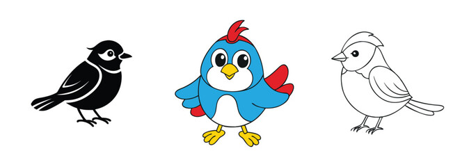 Three Cute Bird Illustrations Black, Blue, and Outline Designs