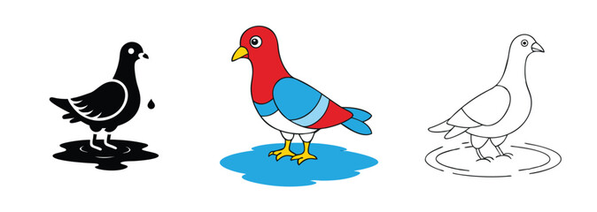 Fototapeta premium Pigeon Illustrations Black, Colored, Outline, Bird, Water, Puddle, Drawing, Coloring, Design