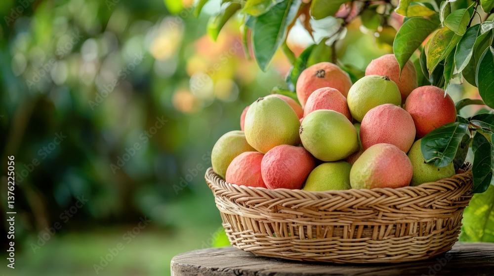 Poster a basket filled with assorted guava fruits placed on a rustic outdoor table in a garden setting.