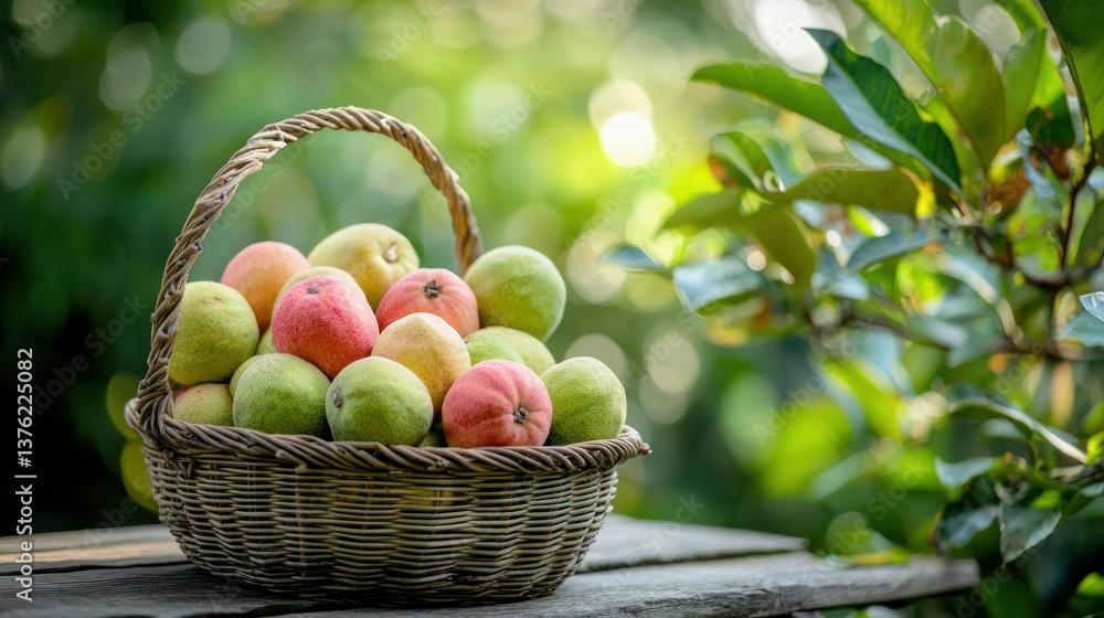 Poster A basket filled with assorted guava fruits placed on a rustic outdoor table in a garden setting.