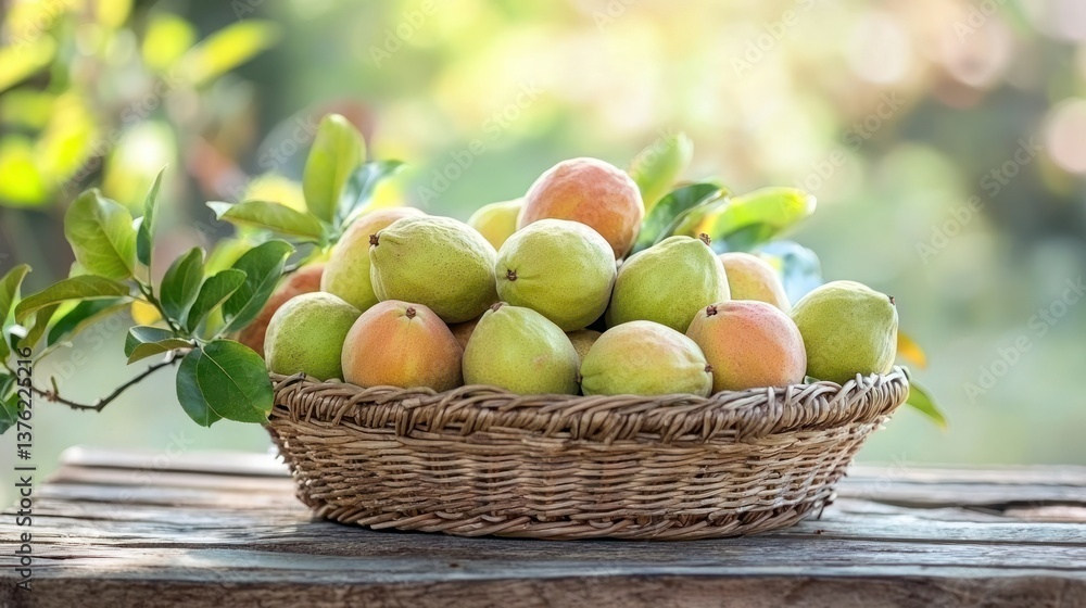 Poster a basket filled with assorted guava fruits placed on a rustic outdoor table in a garden setting.