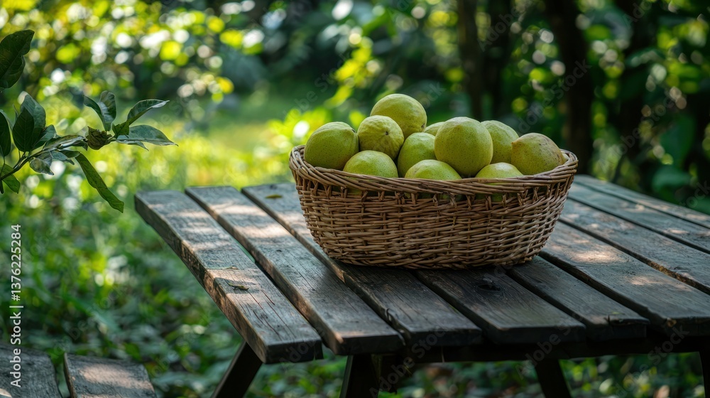 Poster A basket of guava fruits placed on a picnic table surrounded by lush greenery. 