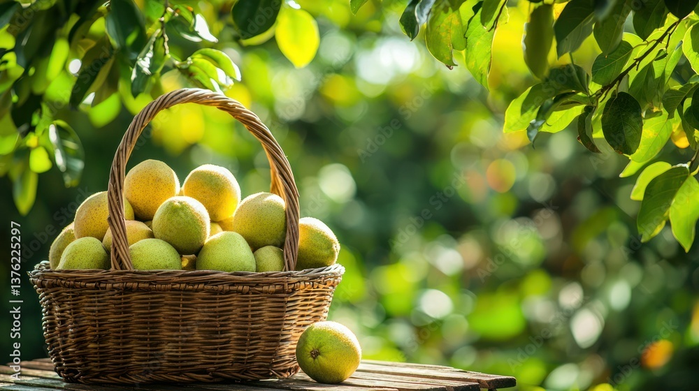 Poster a basket of guava fruits placed on a picnic table surrounded by lush greenery.