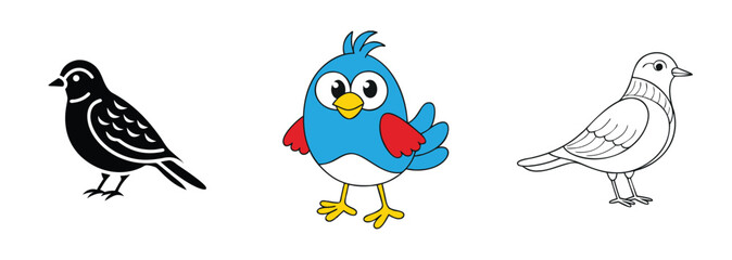 Three Cartoon Birds Silhouette, Blue Bird, Coloring Page
