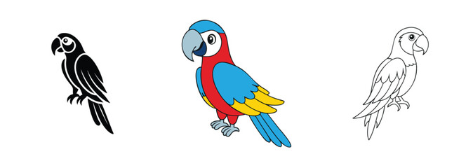 Obraz premium Colorful Macaw Parrot Illustrations Black, Colored, Outline Versions