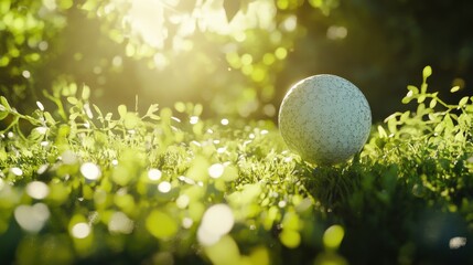golf ball on tee with grass and beautiful sunlight, generative ai illustration