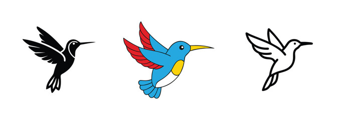 Hummingbird Designs Black, Blue, White, Line Art, Bird Icons