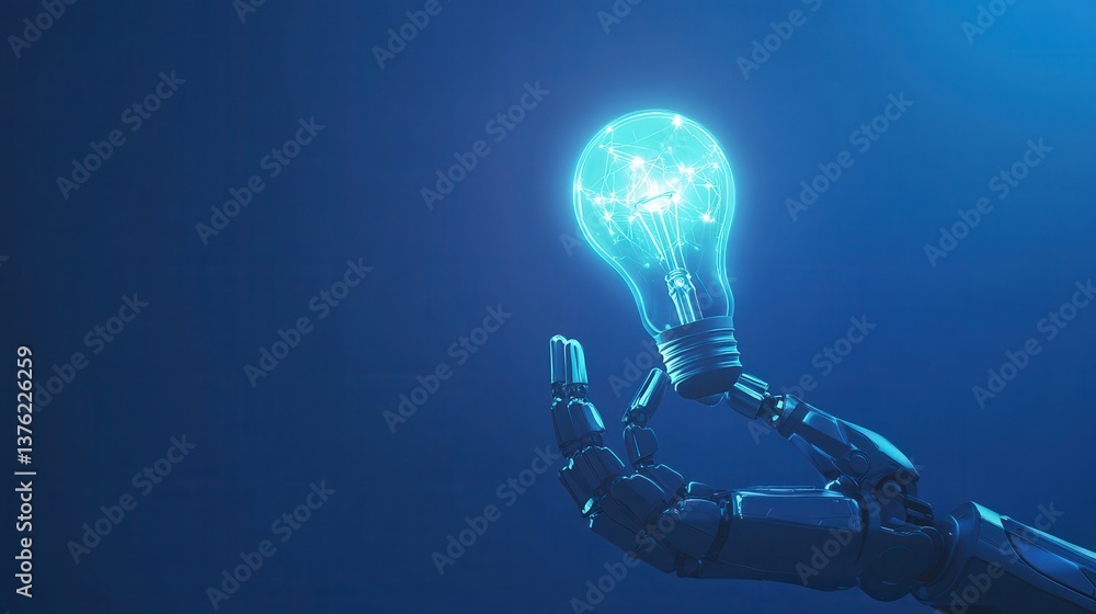 Poster robot hand holds a glowing light bulb representing innovation and technology on a blue background wi
