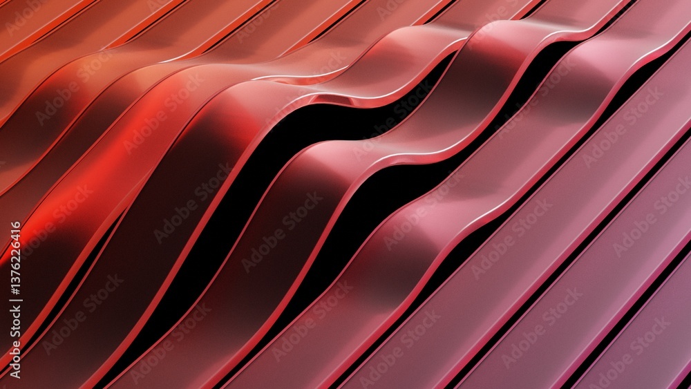 Poster 3d rendering abstract flowing shapes with gradient red and pink on dark background, colorful curve g