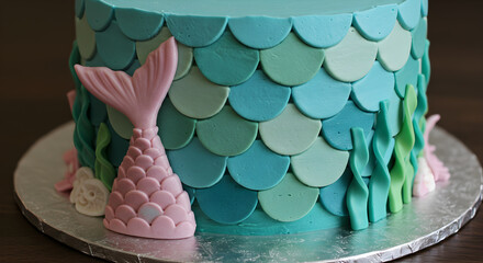 Oceanic dream cake: A mermaid scales themed confection in delightful blues and greens