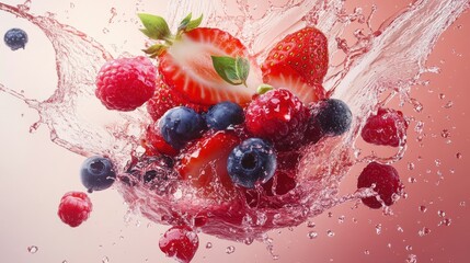 A symphony of vibrant colors, a burst of juicy freshness, and a symphony of sweet flavors create a tantalizing visual feast as a splash of liquid envelopes a cluster of berries and fruits. illustrati