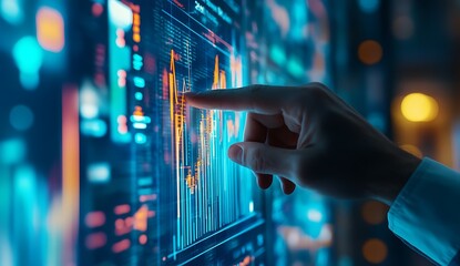 Businessman touching growth graph arrow with hologram bar chart on virtual screen