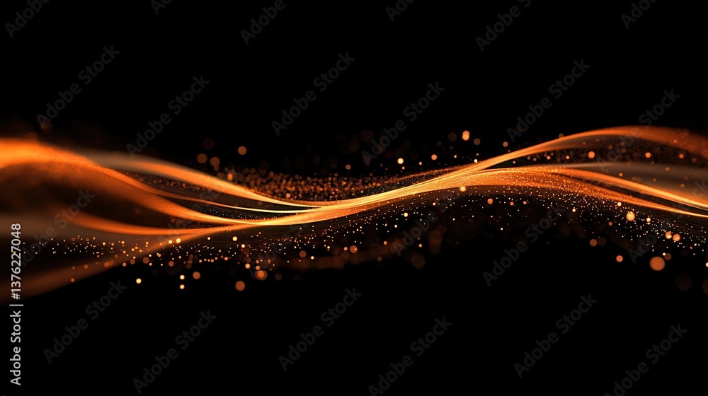Poster abstract glowing orange network lines and dots with bokeh on a black background. illustration