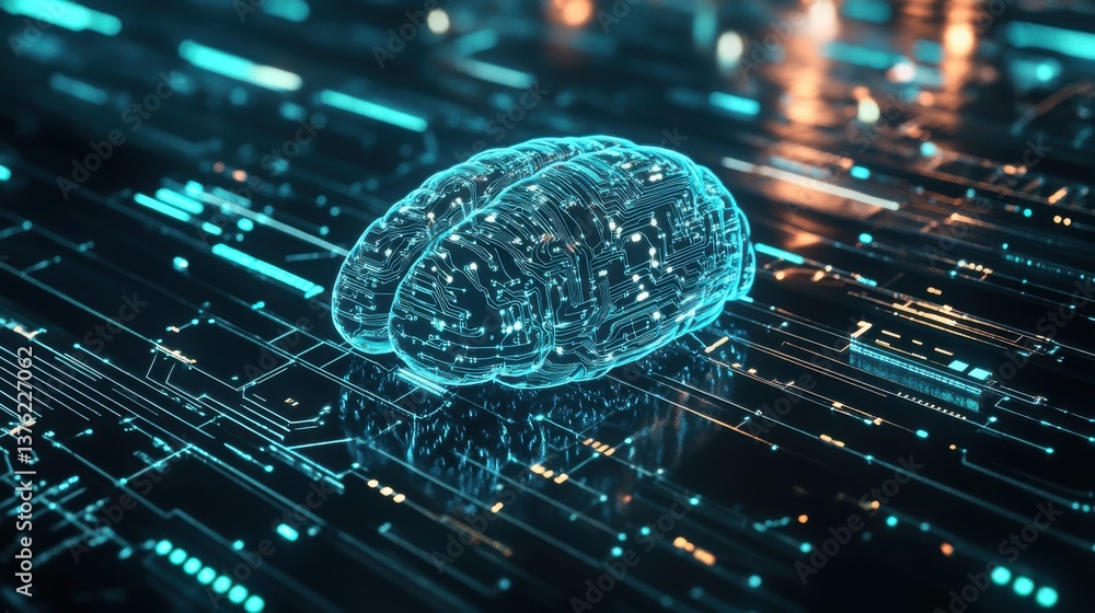 Poster a futuristic, digital representation of a brain on a circuit-like background, symbolizing technology