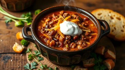 A steaming bowl of thick, smoky chili made with ghost peppers, ground beef, and beans, topped with melted cheese and a dollop of sour cream