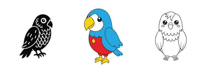 Cute Parrot Illustrations Black, Blue, Red, and Outline Designs