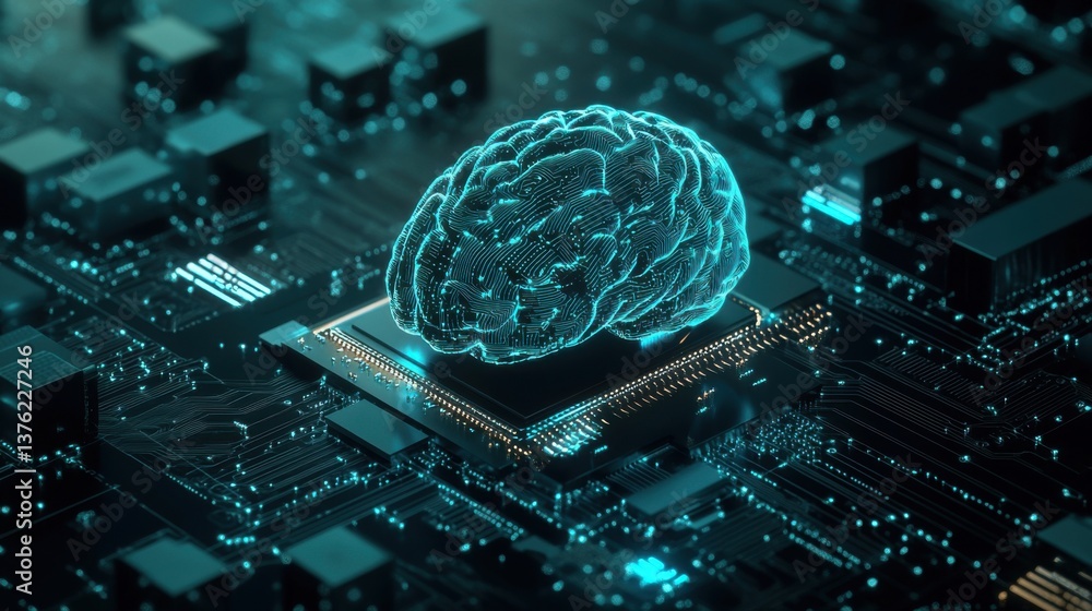 Poster a digital representation of a brain on a circuit board, symbolizing the intersection of technology a