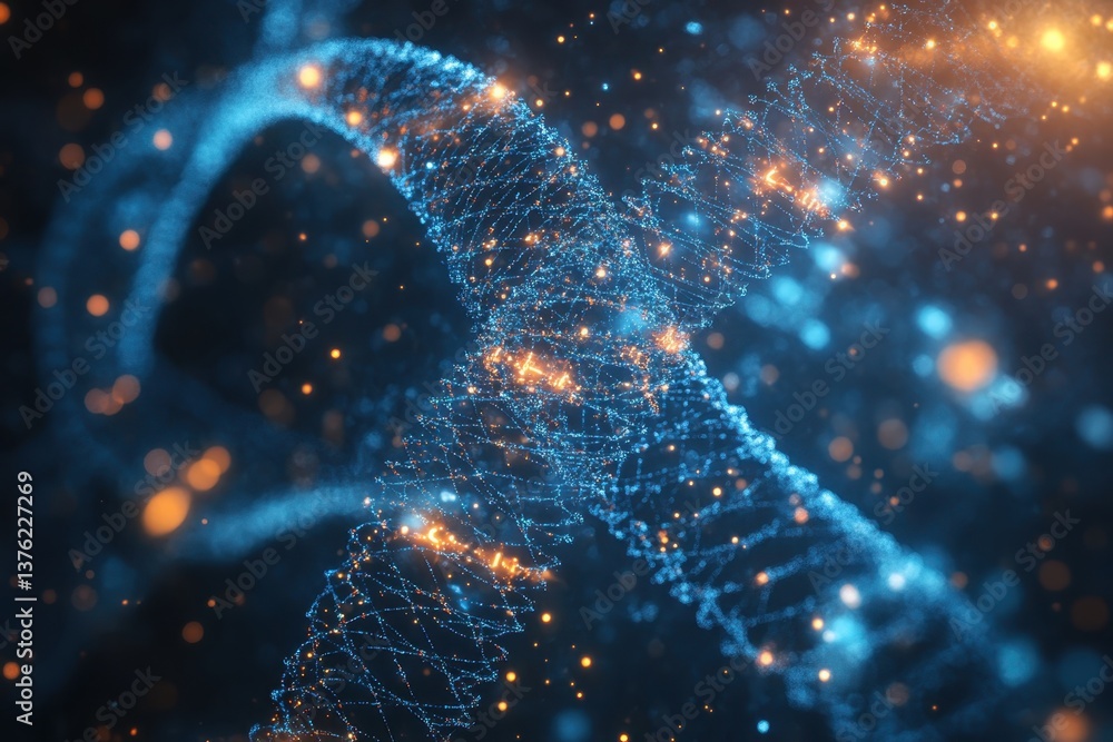 Poster a close-up view of a glowing dna helix structure with vibrant particles in a dark background