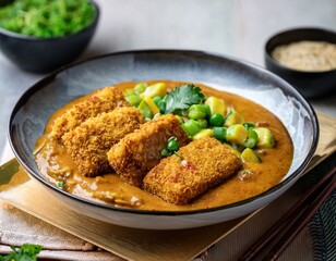 Fototapeta premium Vegan Katsu Curry deconstructed, Breaded tofu cutlets served with a rich
