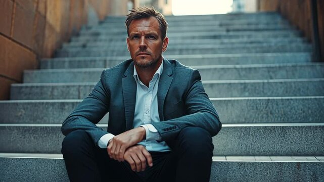 A depressed businessman sitting on stairs, afflicted by stress and overwork.