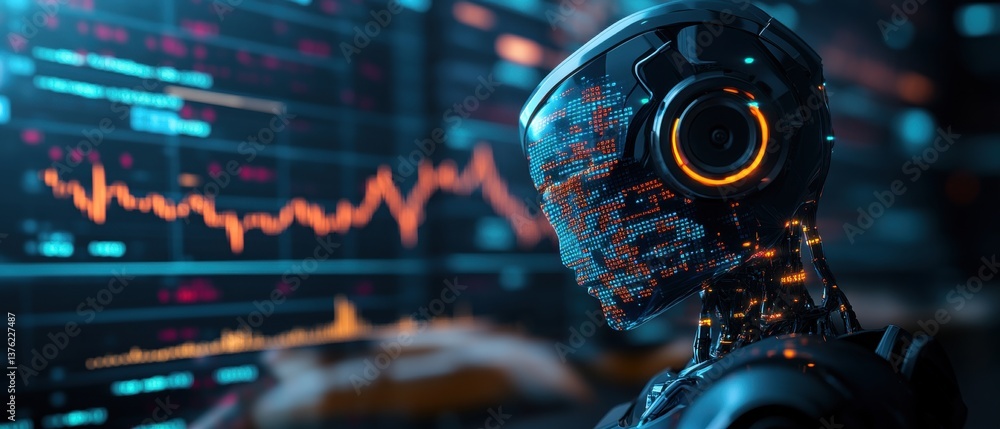 Poster a futuristic robot with glowing circuits observes a stock market graph on a large screen showcasing 
