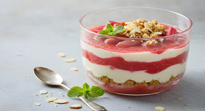 Rhubarb and cream layered dessert parfait with biscuit crumbs and garnish