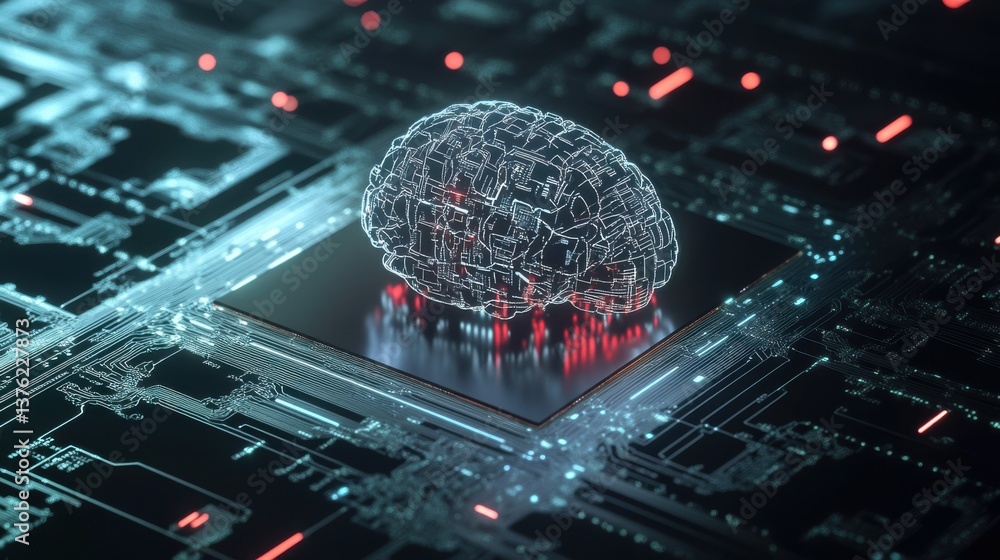 Poster a digital representation of a brain positioned on a circuit board, symbolizing the intersection of t