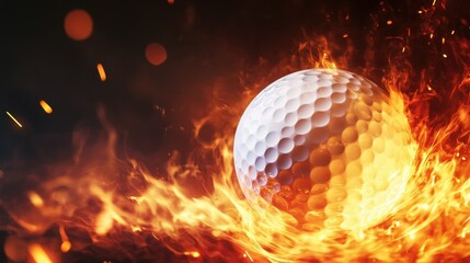 Dynamic golf ball surrounded by flames and sparks, showcasing energy and movement in a vibrant sports imagery. illustration
